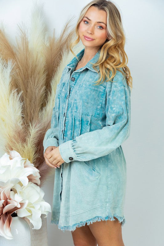 Corduroy Dip Dye Shirt Dress in Teal 1XL