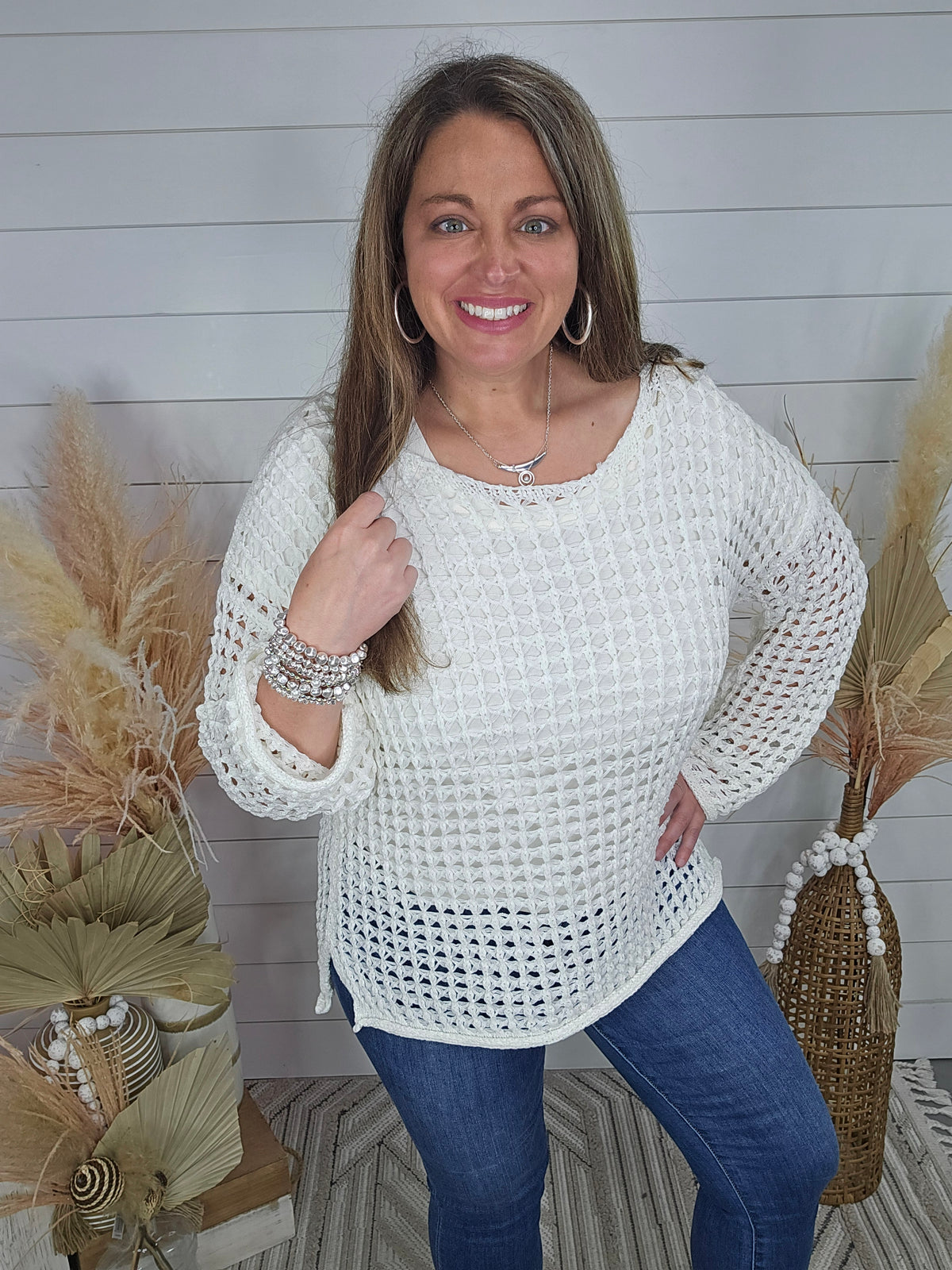 WHITE RELAXED FIT OPEN WEAVE SWEATER