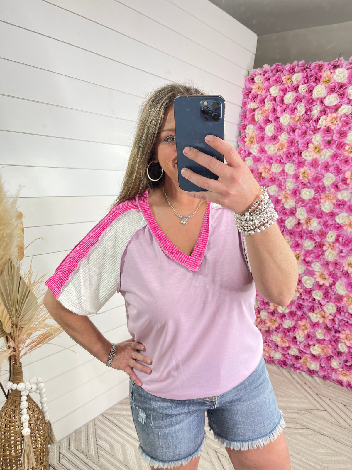 PINK/FUCHSIA JERSEY KNIT RIBBED COMBO V NECK TOP