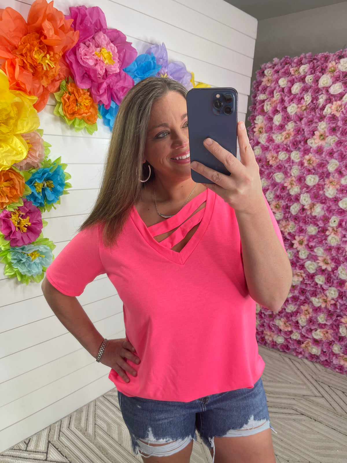NEON PINK CROSS FRONT V NECK FRENCH TERRY