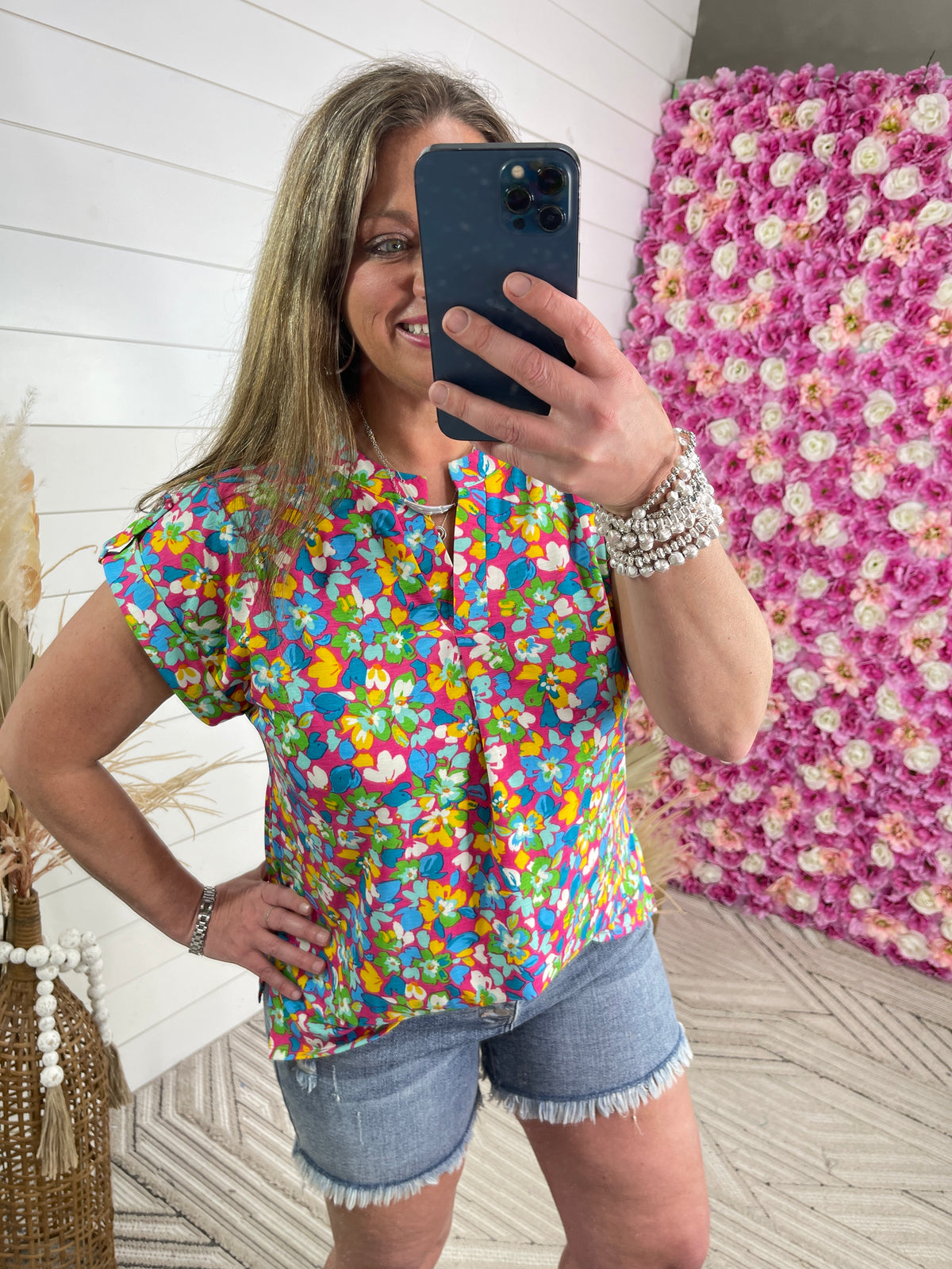 PINK/BLUE/GREEN FLORAL SHORT SLEEVE LIZZY TOP