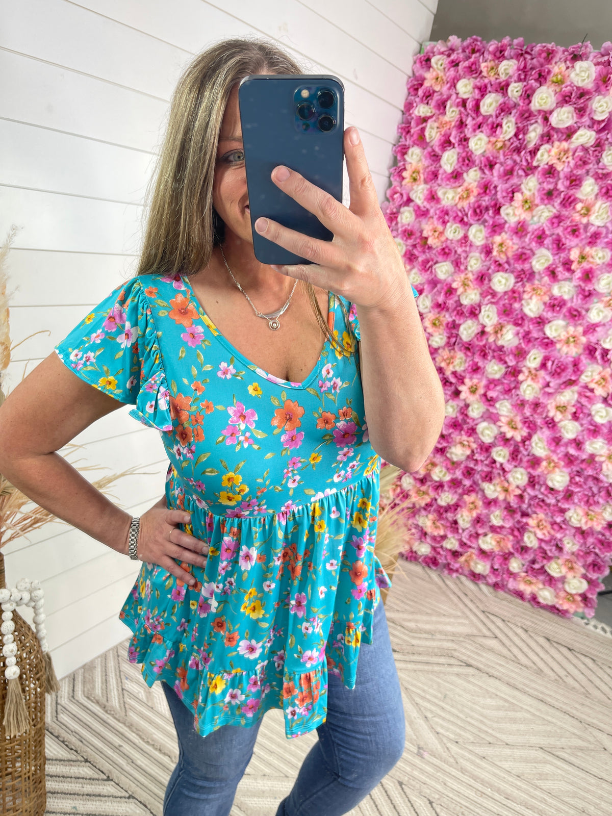 TURQUOISE FLORAL BABYDOLL TOP
