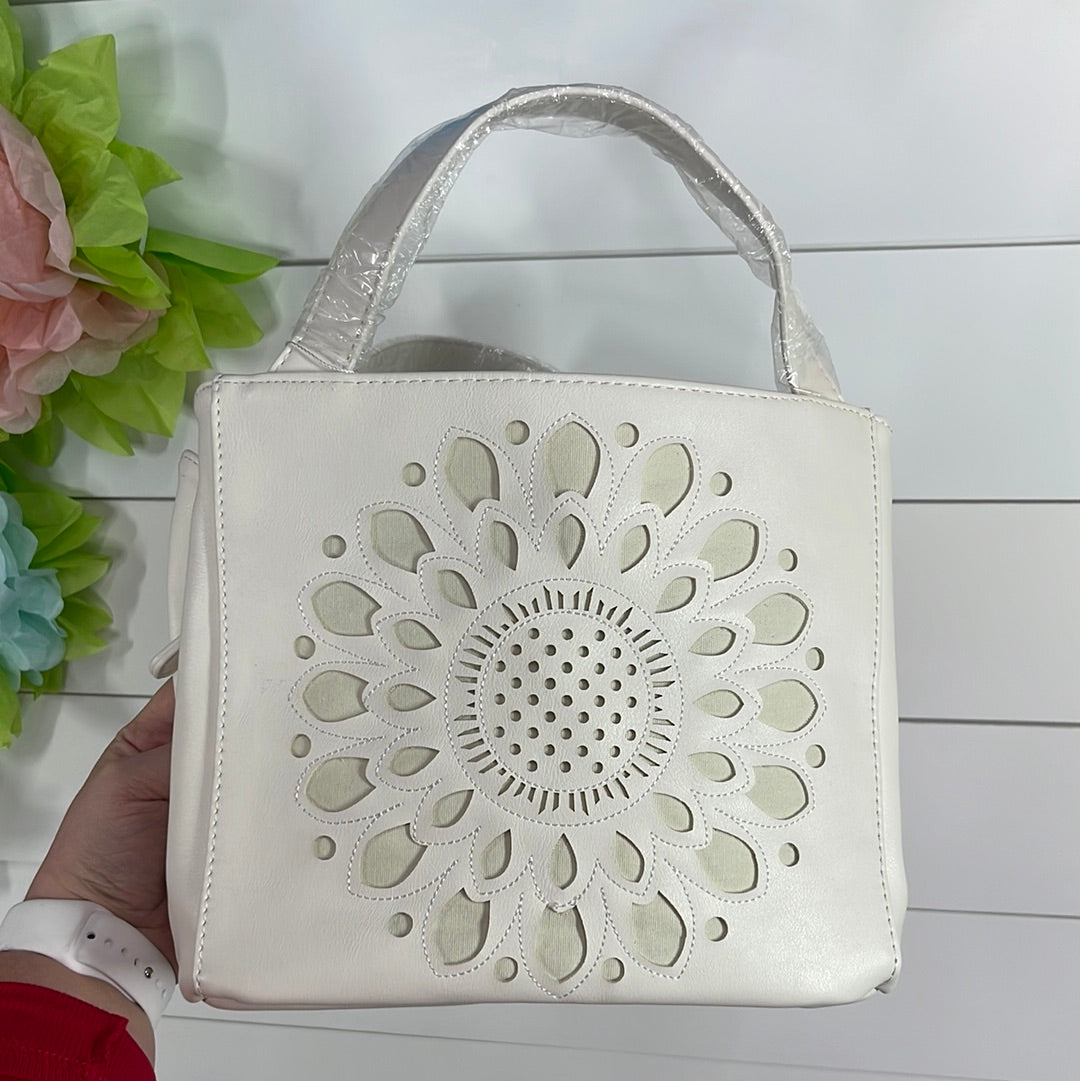 WHITE FLORA LASER CUT OUT CROSSBODY TOTE