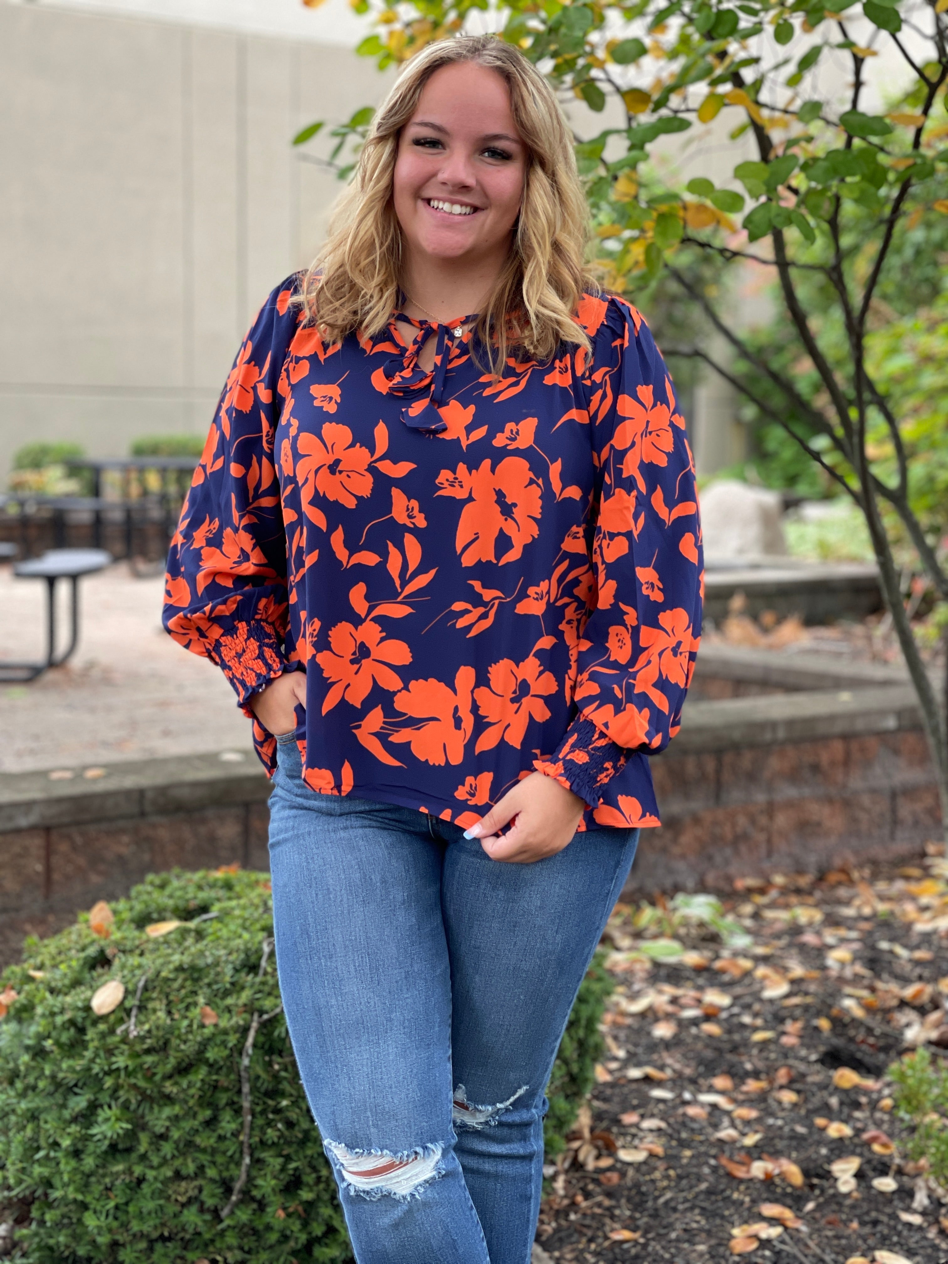 MIDNIGH/NEON ORANGE FLORAL PEASANT TIE BLOUSE