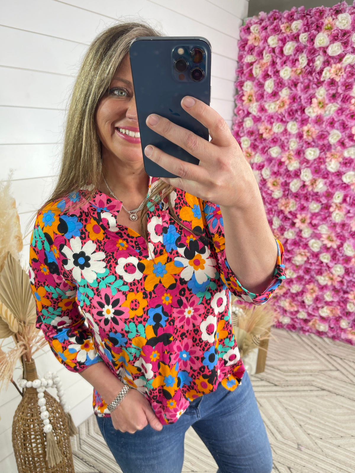 HOT PINK/LEOPARD FLORAL 3/4 SLEEVE LIZZY TOP