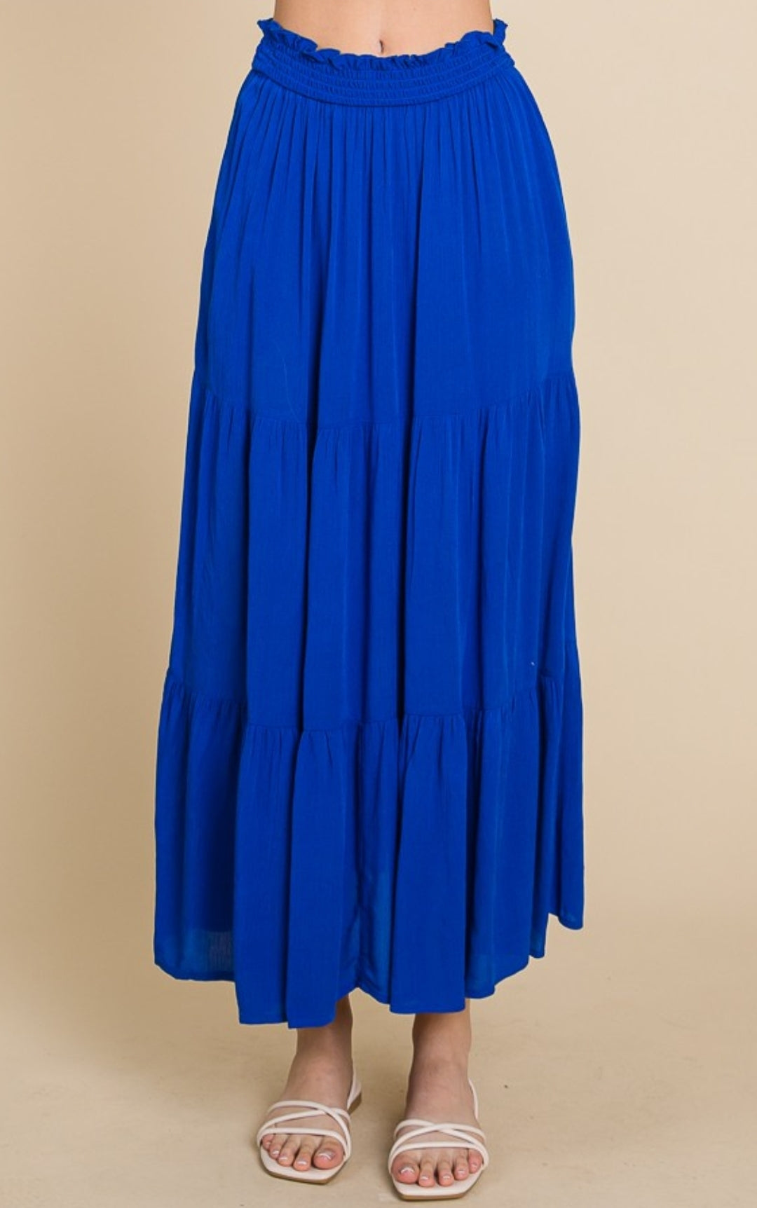 BLUE SMOCKED TIERED MAXI SKIRT