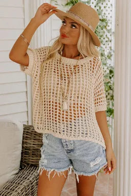 NATURAL OPEN WEAVE SHORT SLEEVE KNIT SWEATER  TEE