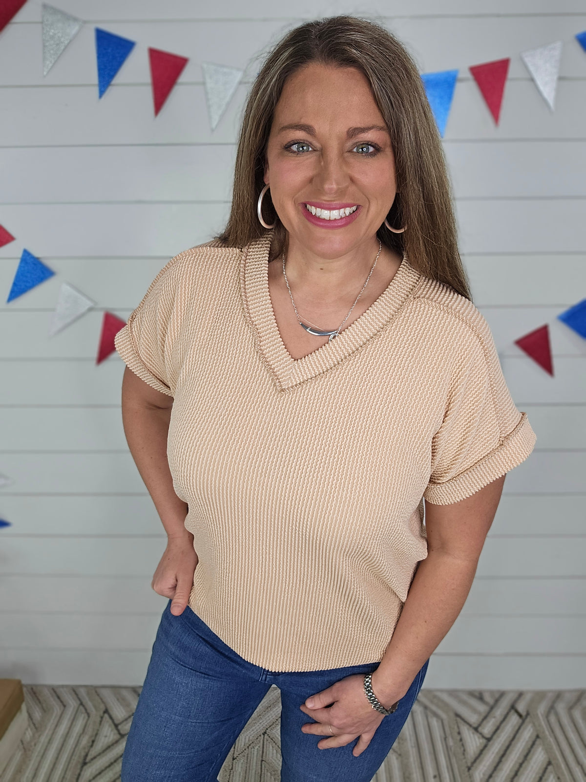 TAUPE RIBBED V NECK TOP