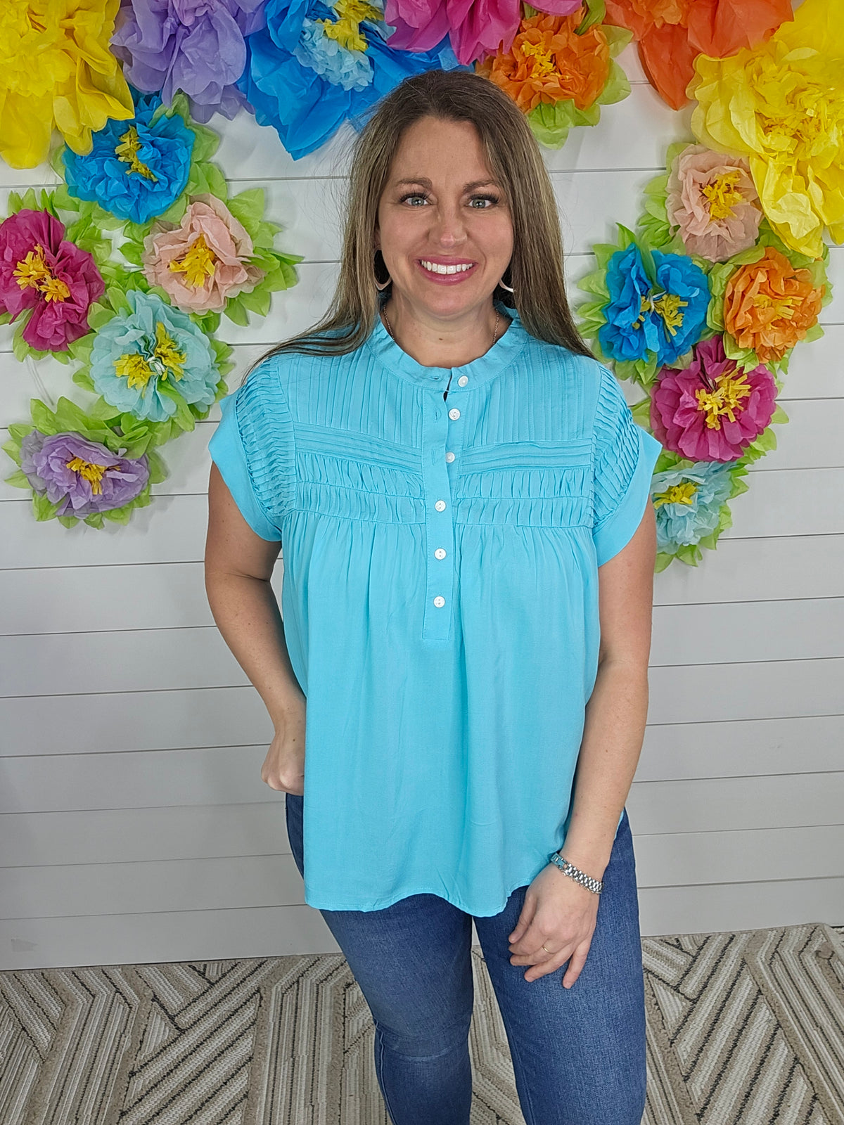 BLUE RADIANCE PLEATED BUTTON TOP