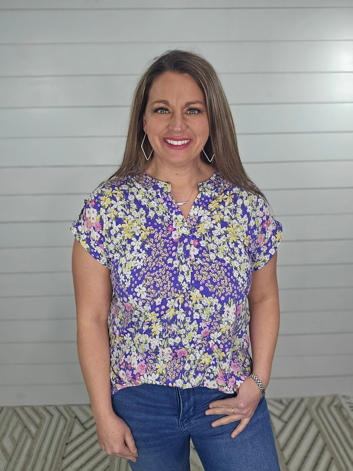 PURPLE/PINK FLORAL SHORT SLEEVE LIZZY TOP