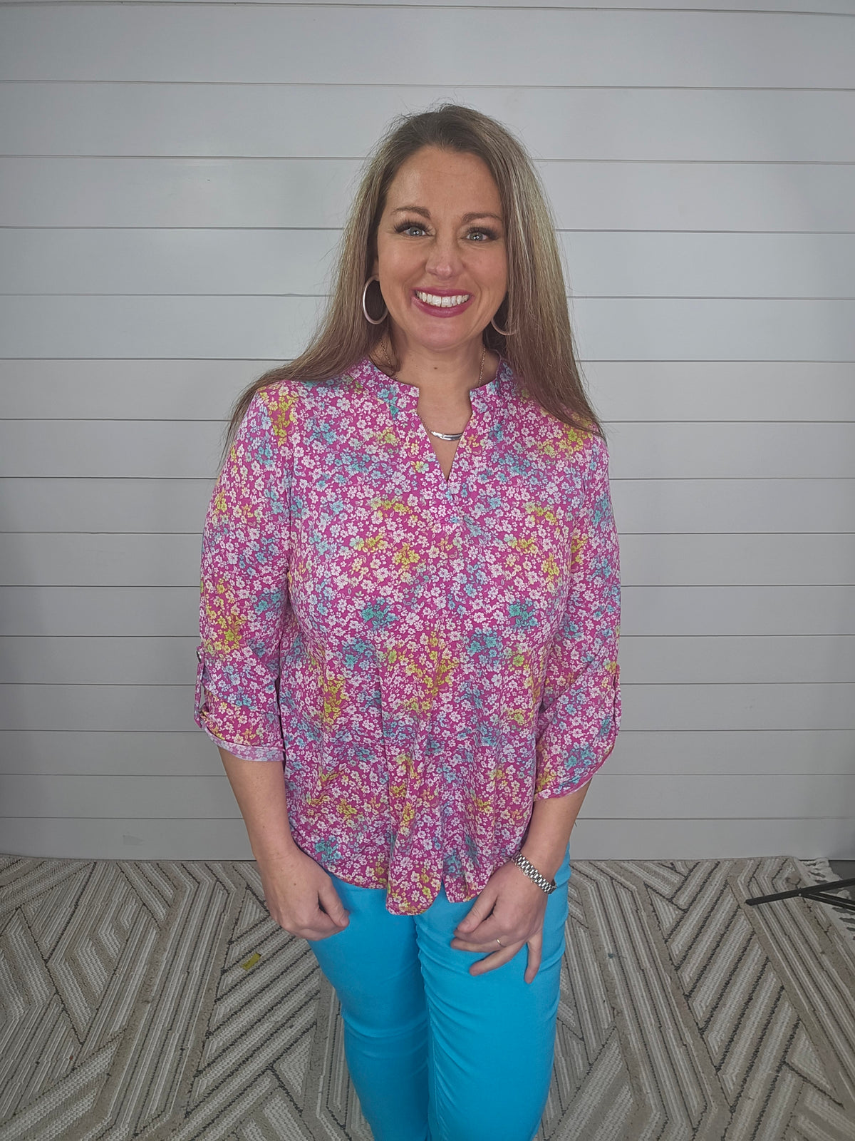 PINK FLORAL POPS OF COLOR LIZZY TOP