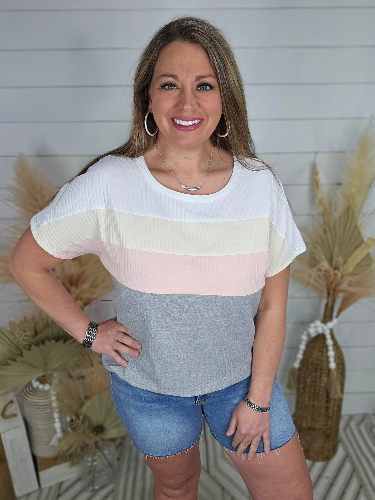 GREY COLORBLOCK RIBBED TOP (WHITE,YELLOW,PINK,GREY)