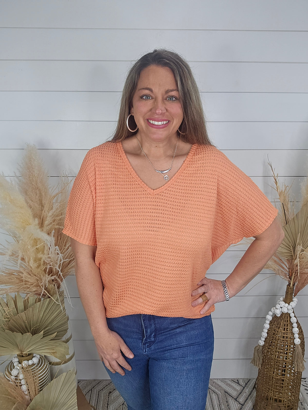 CORAL WAFFLE KNIT DOLMAN TOP