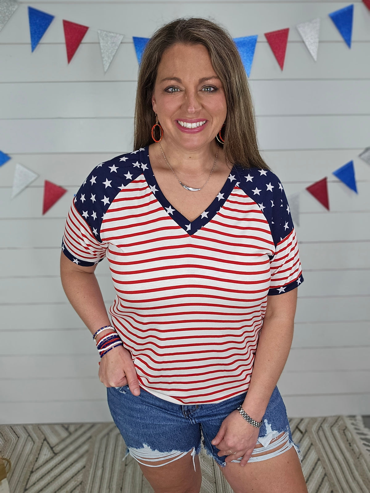 RED/WHITE STRIPED V NECK TOP W/ STAR ACCENT
