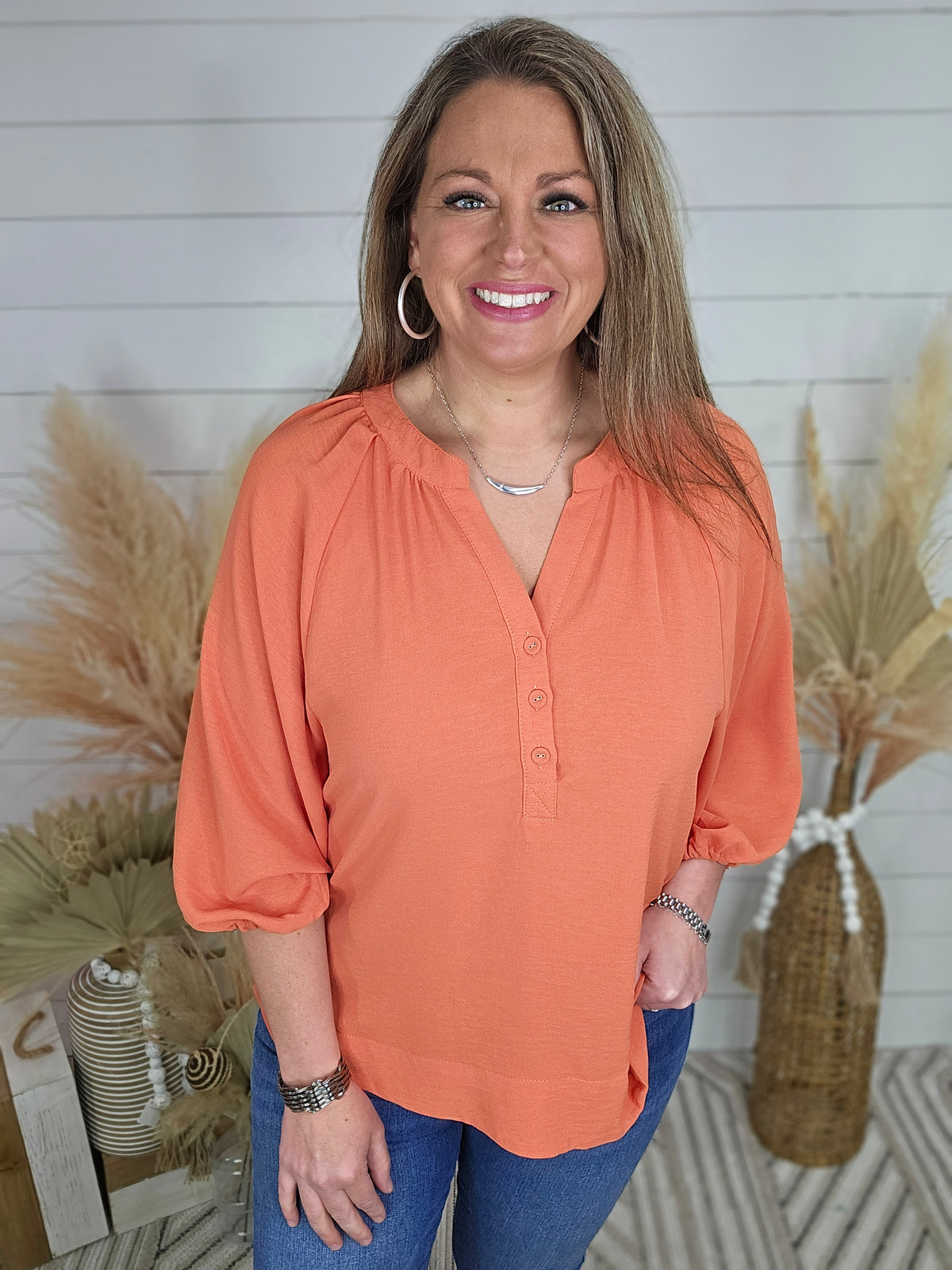 DEEP CORAL V-NECK BLOUSE WITH BALLOON SLEEVES
