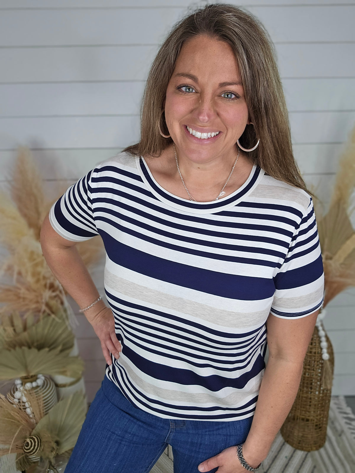 NAVY/TAUPE STRIPED CREW NECK TOP