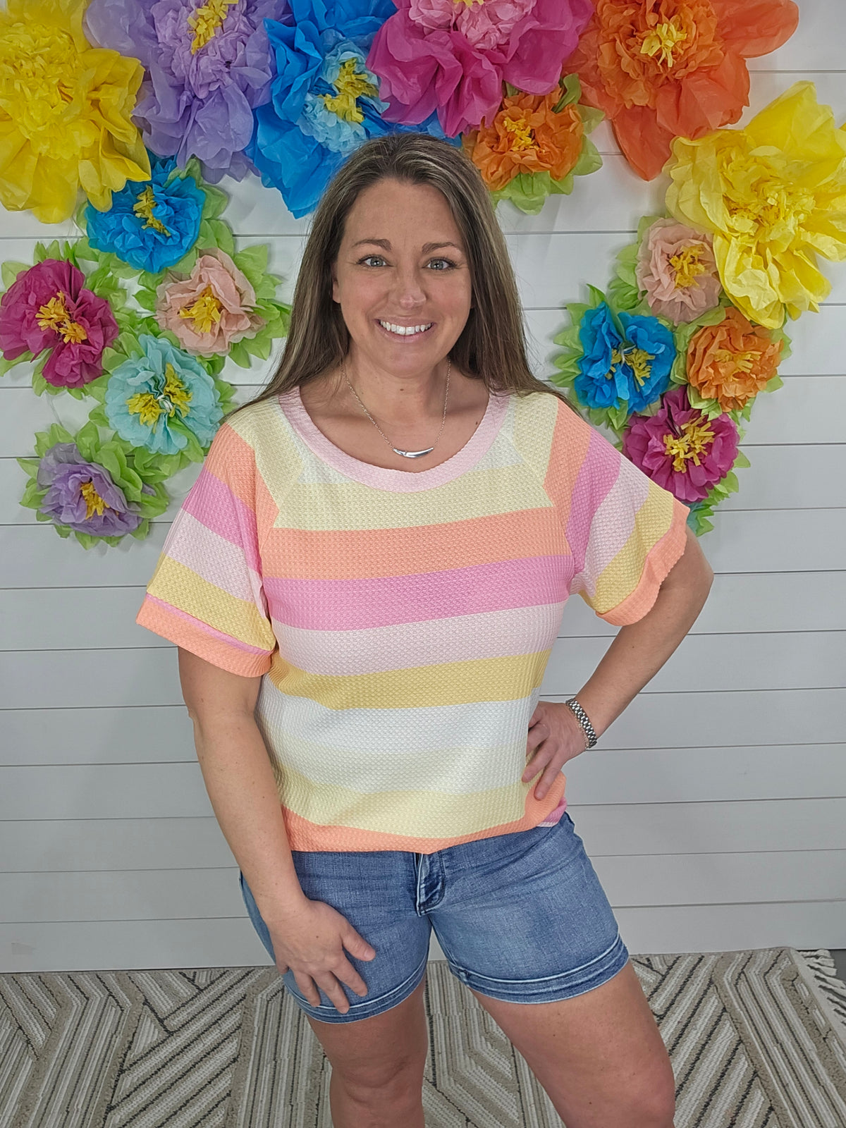BRIGHT STRIPED WAFFLE TEXTURE TOP