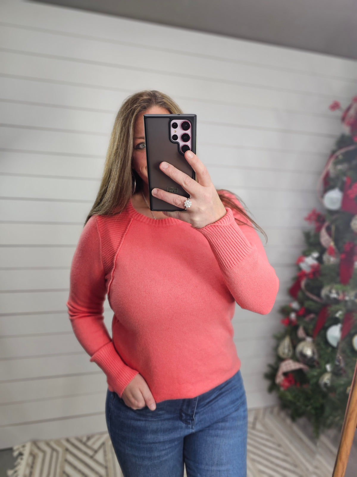CORAL CONTRAST RIBBED SWEATER