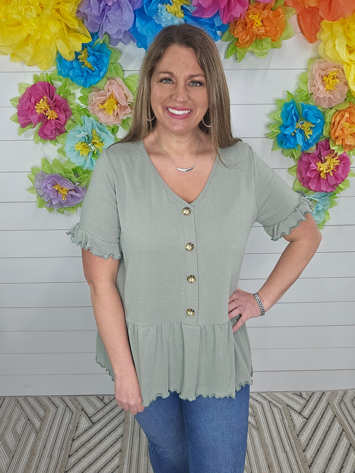 SAGE TEXTURED SOLID FABRIC SHORT SLEEVE BUTTON TOP