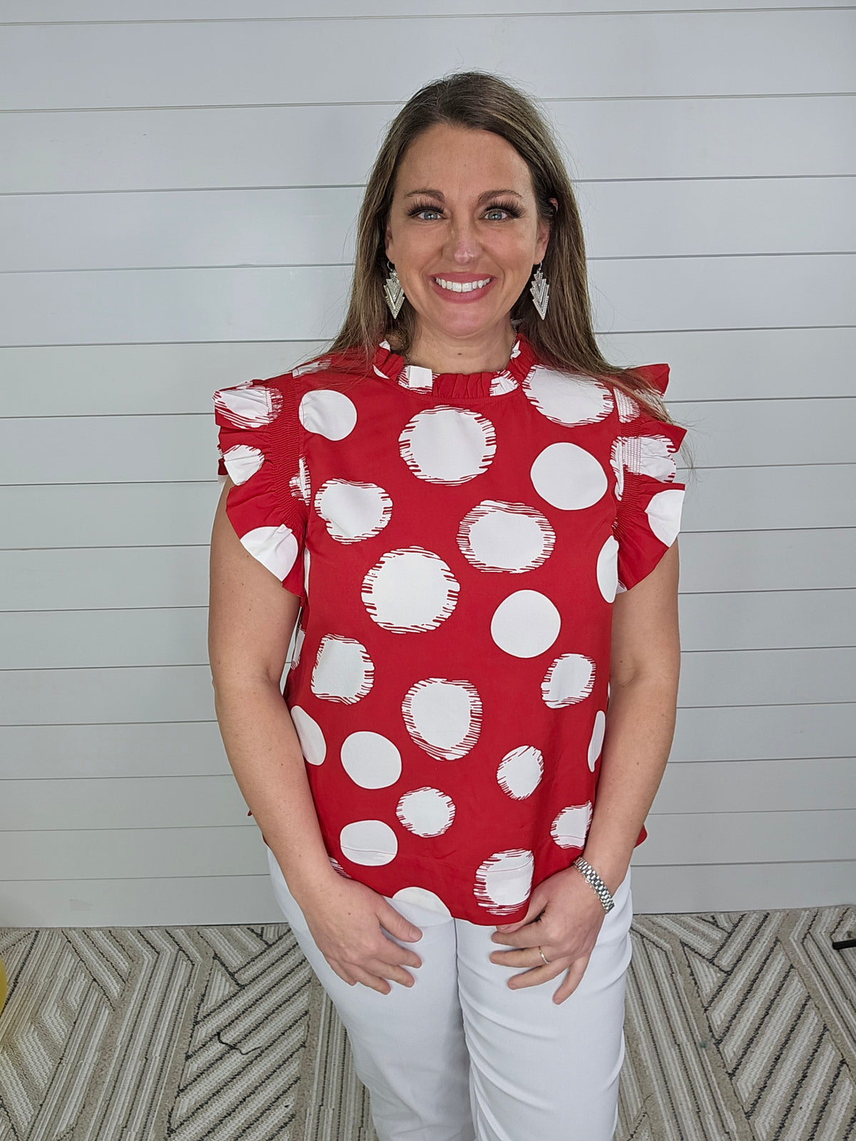CRIMSON DOT PATTERN TOP WITH A FRILL MOCK NECKLINE