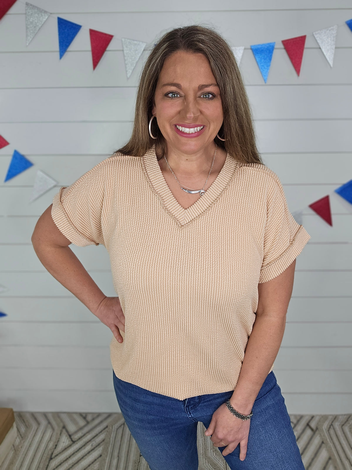 TAUPE RIBBED V NECK TOP