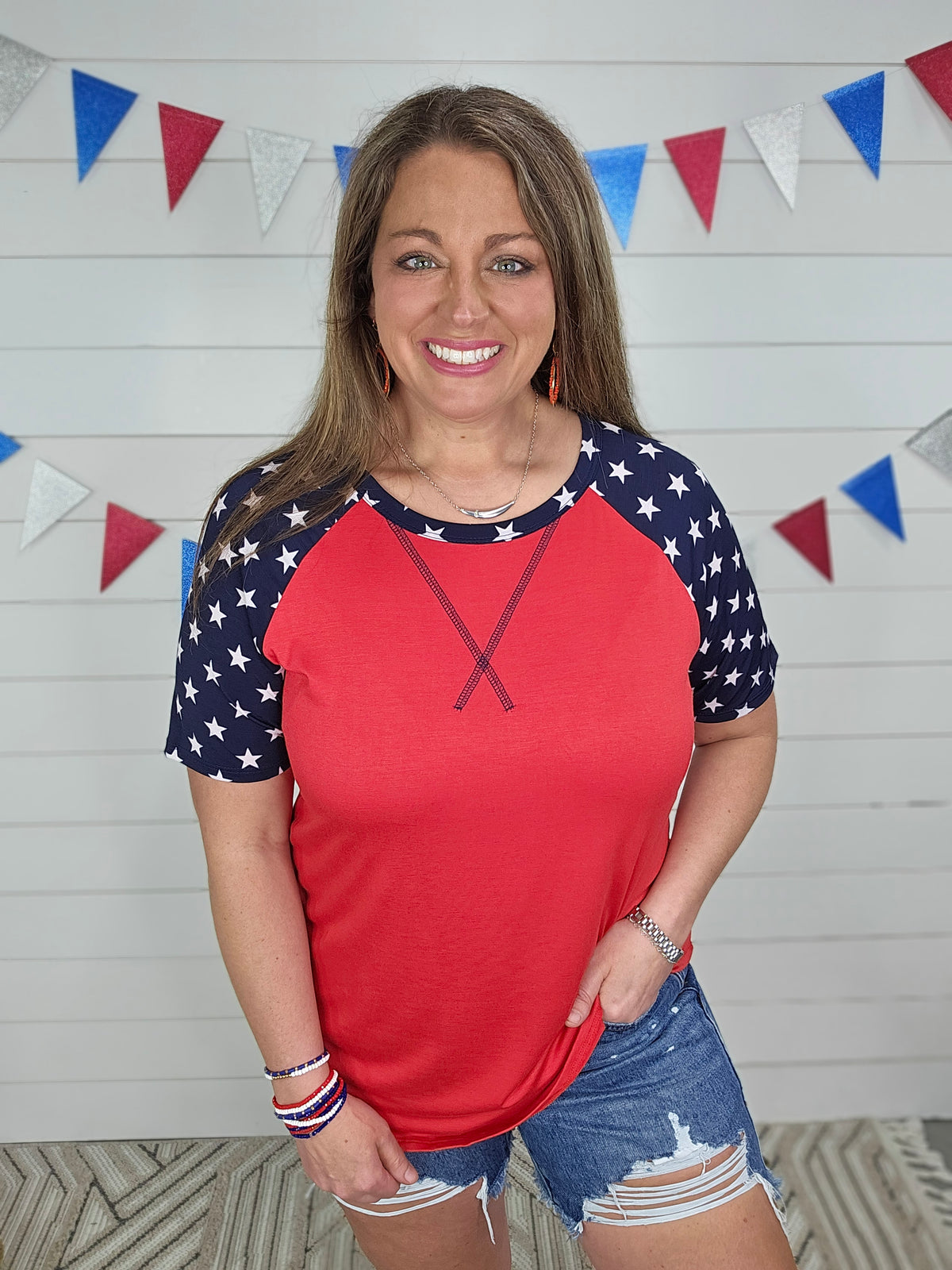 RED KNIT TOP W/ BLUE STAR SLEEVES