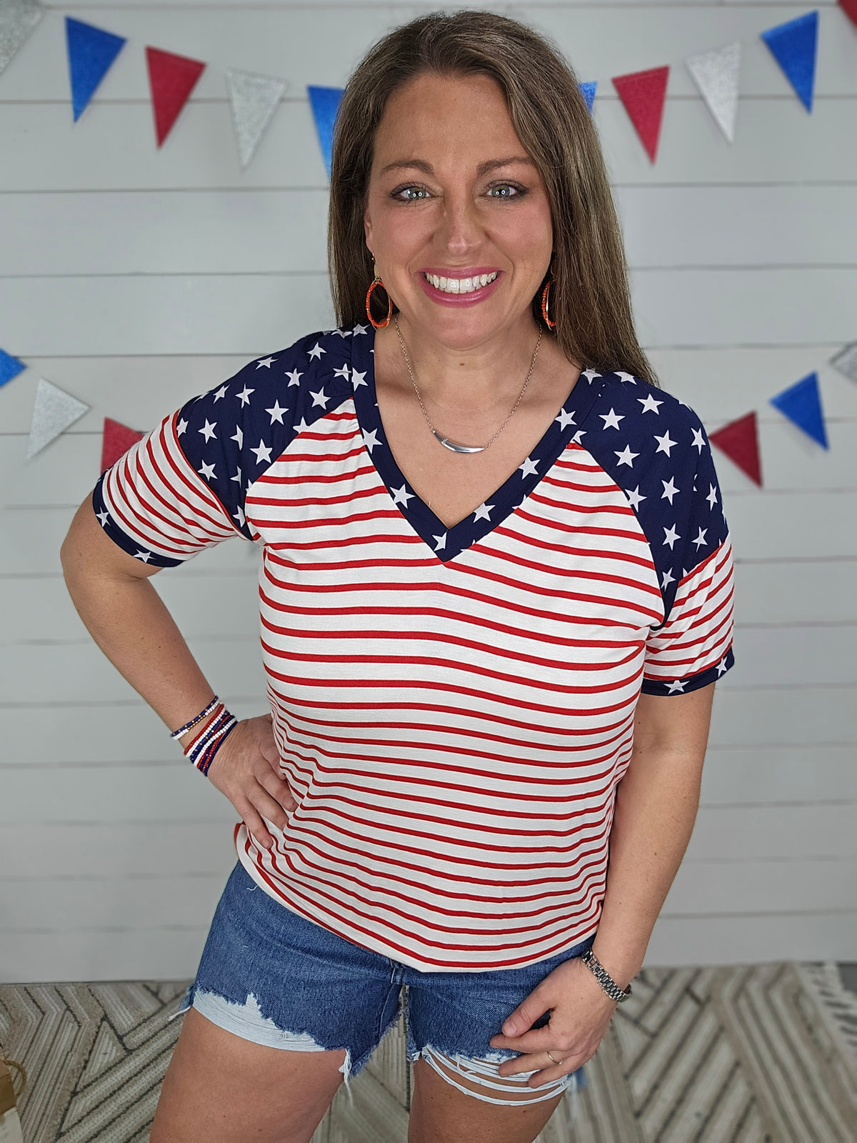 RED/WHITE STRIPED V NECK TOP W/ STAR ACCENT