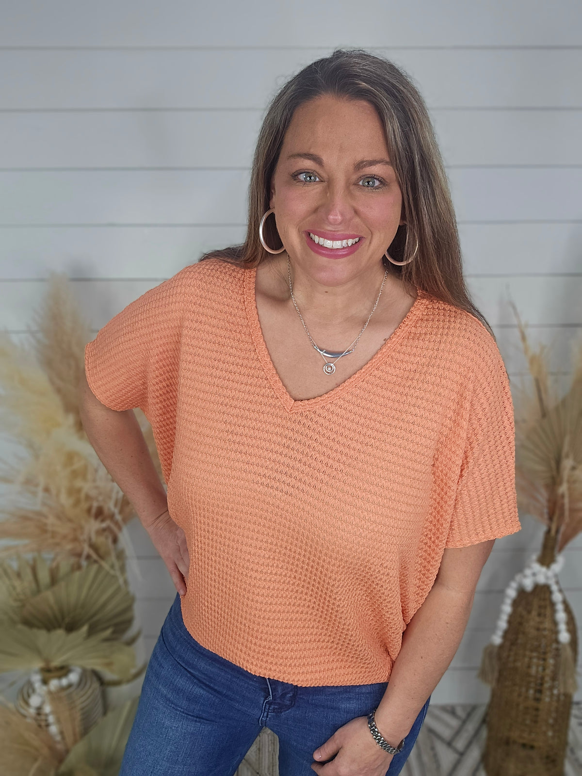 CORAL WAFFLE KNIT DOLMAN TOP
