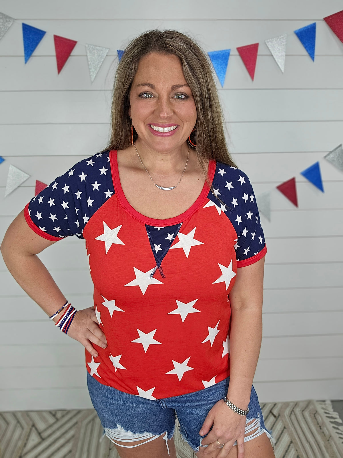 RED STAR TOP W/ BLUE STAR ACCENTS