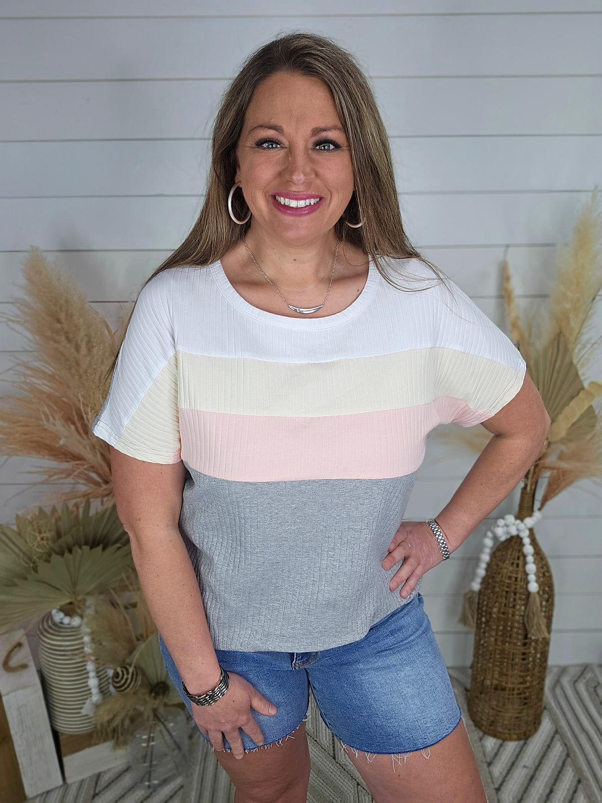 GREY COLORBLOCK RIBBED TOP (WHITE,YELLOW,PINK,GREY)