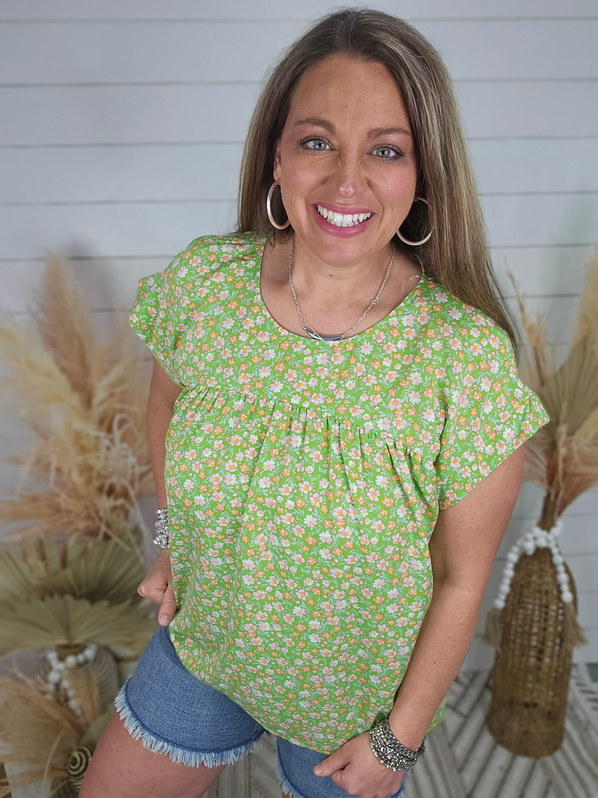 GREEN FLORAL HIGH BABYDOLL WOVEN TOP