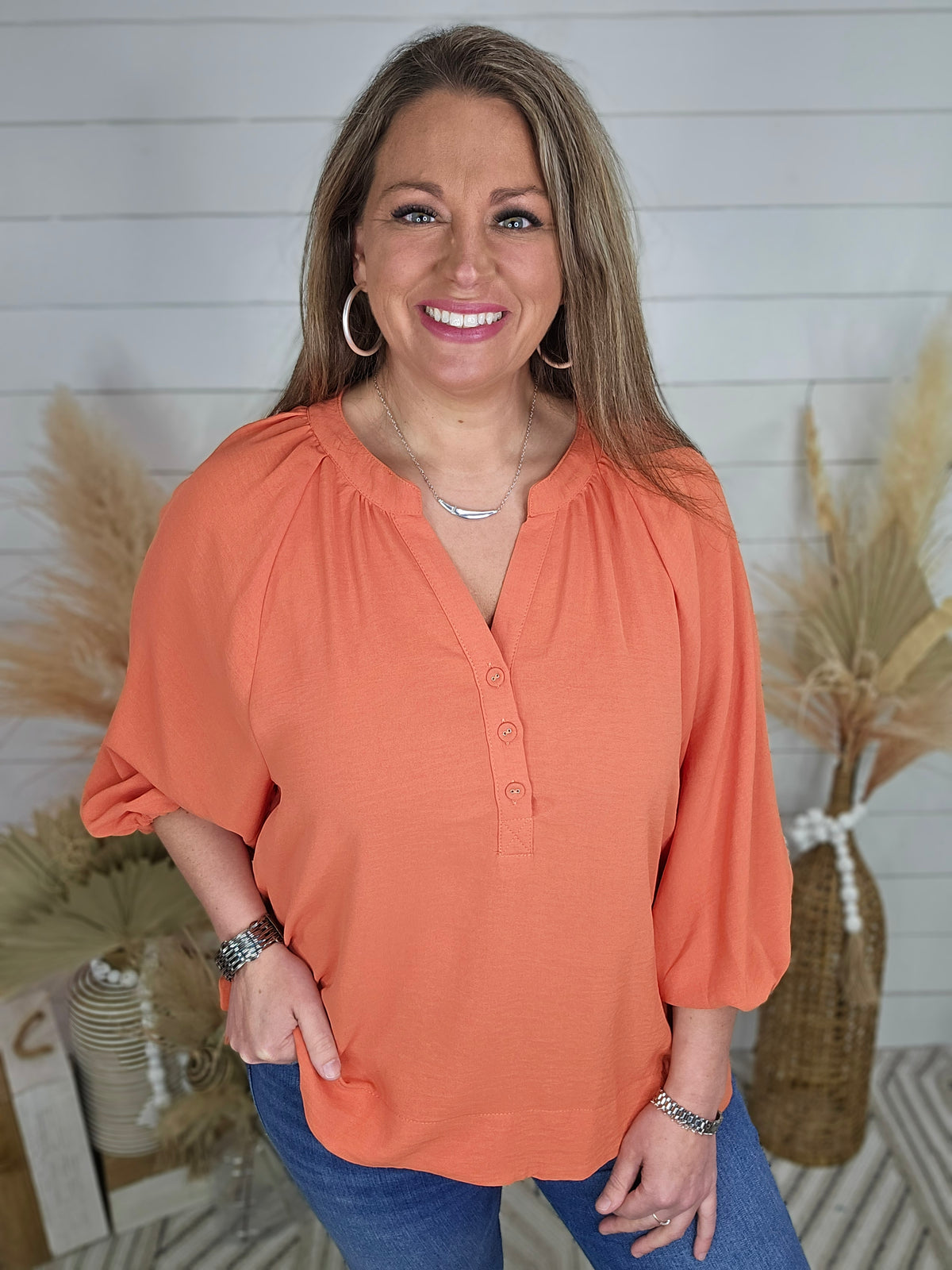 DEEP CORAL V-NECK BLOUSE WITH BALLOON SLEEVES
