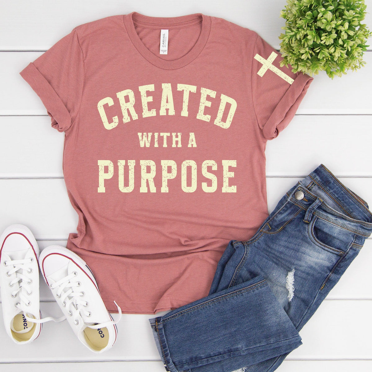 Created With A Purpose -With Sleeve Accent Graphic Tee-Ships in 5 business days
