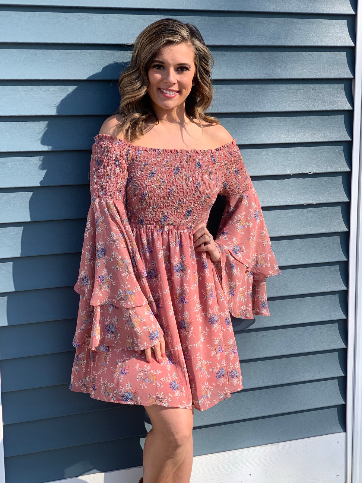 MAUVE FLORAL DRESS W/ SMOCKED TOP AND RUFFLE SLEEVES