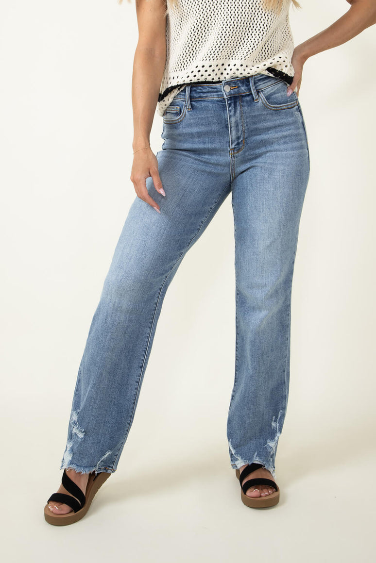 JUDY BLUE HIGH WAIST STRAIGHT LEG W/ DISTRESSED HEM