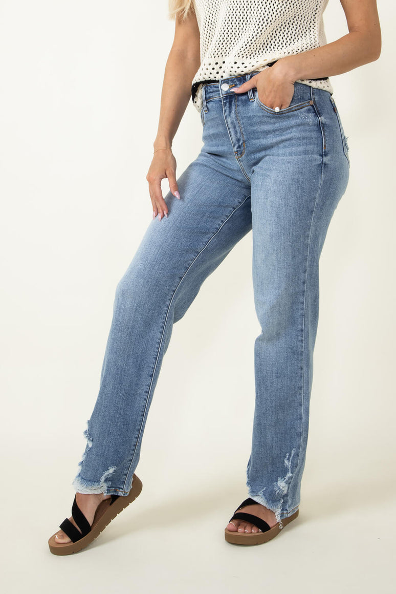 JUDY BLUE HIGH WAIST STRAIGHT LEG W/ DISTRESSED HEM