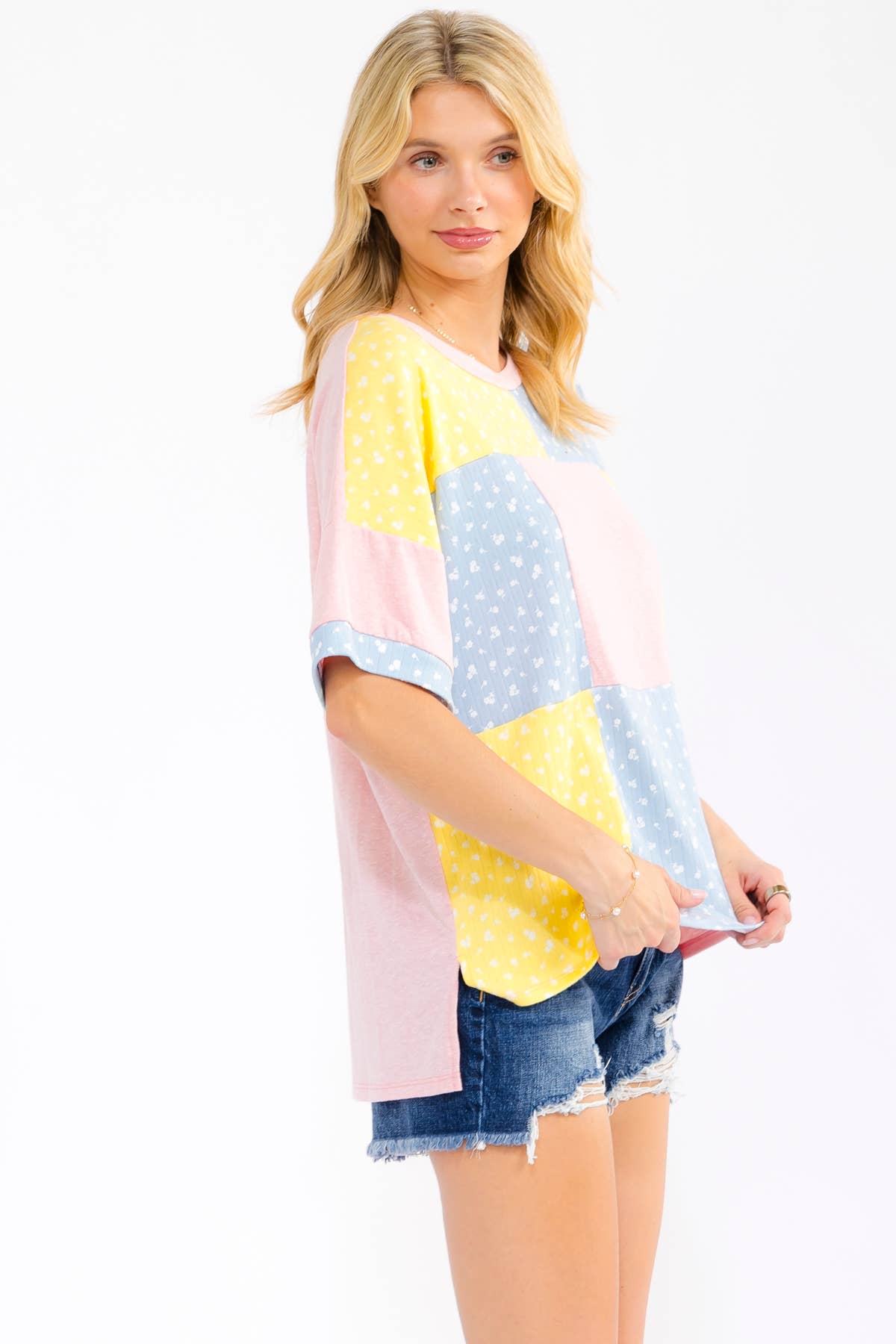 7th Ray - Floral Patchwork Short Sleeve Top T6303: Aqua / S