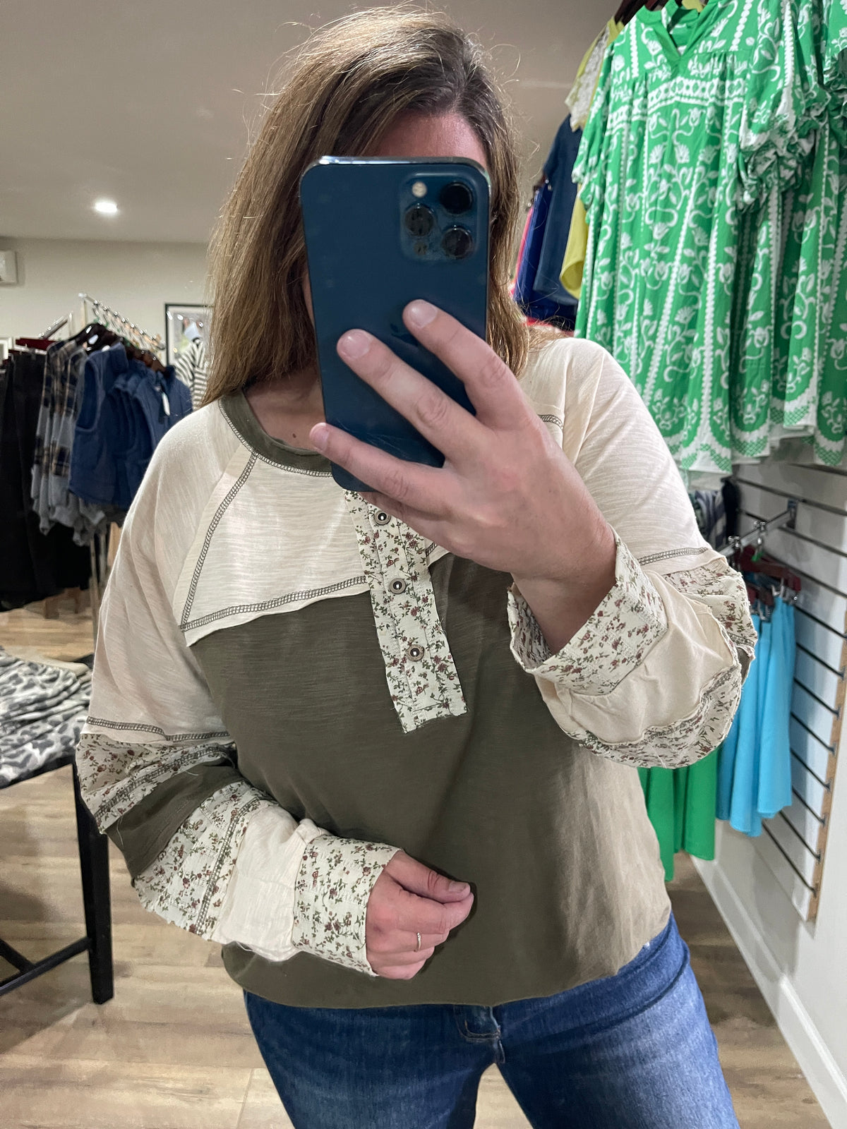 OLIVE COLOR BLOCK KNIT TOP W/ FLORAL TRIM AND HENLEY NECKLINE