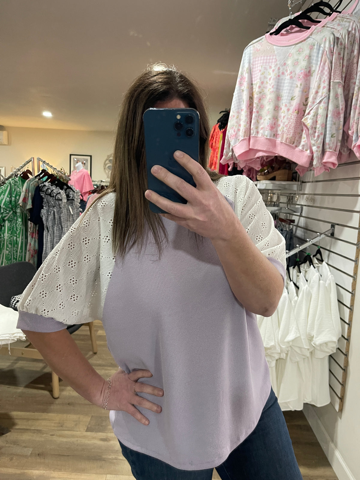 LAVENDER WAFFLE TEXTURE KNIT TOP W/ CROCHET LACE SHORT SLEEVES