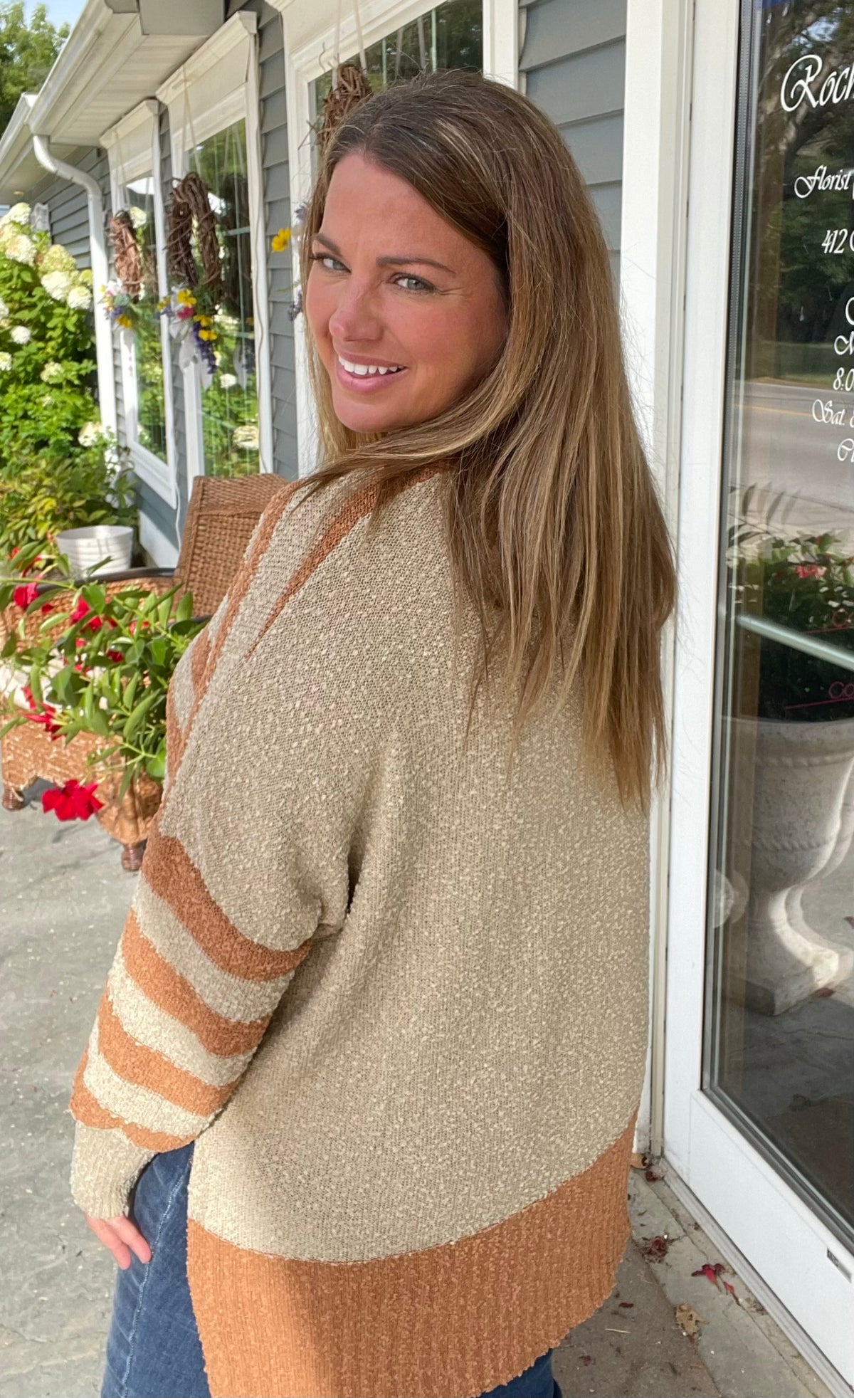 CARMEL/TAUPE STRIPED OVERSIZED BUTTON KNIT CARDIGAN SWEATER