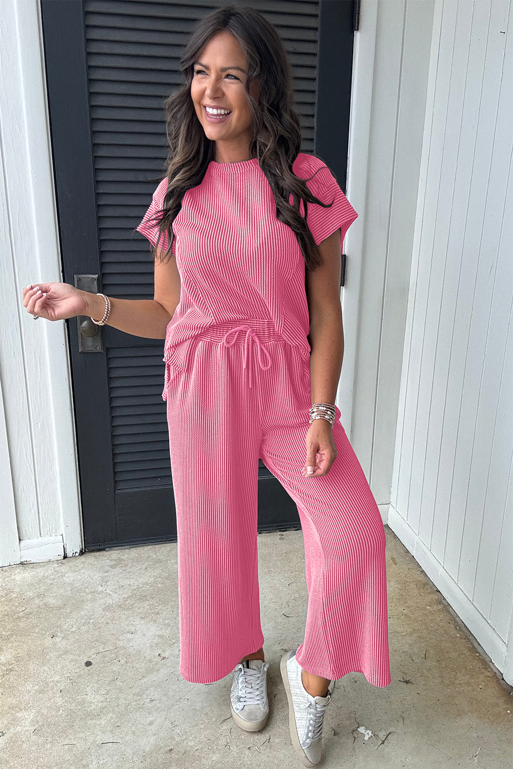 PINK RAISED RIBBED WIDE LEG PANT SET