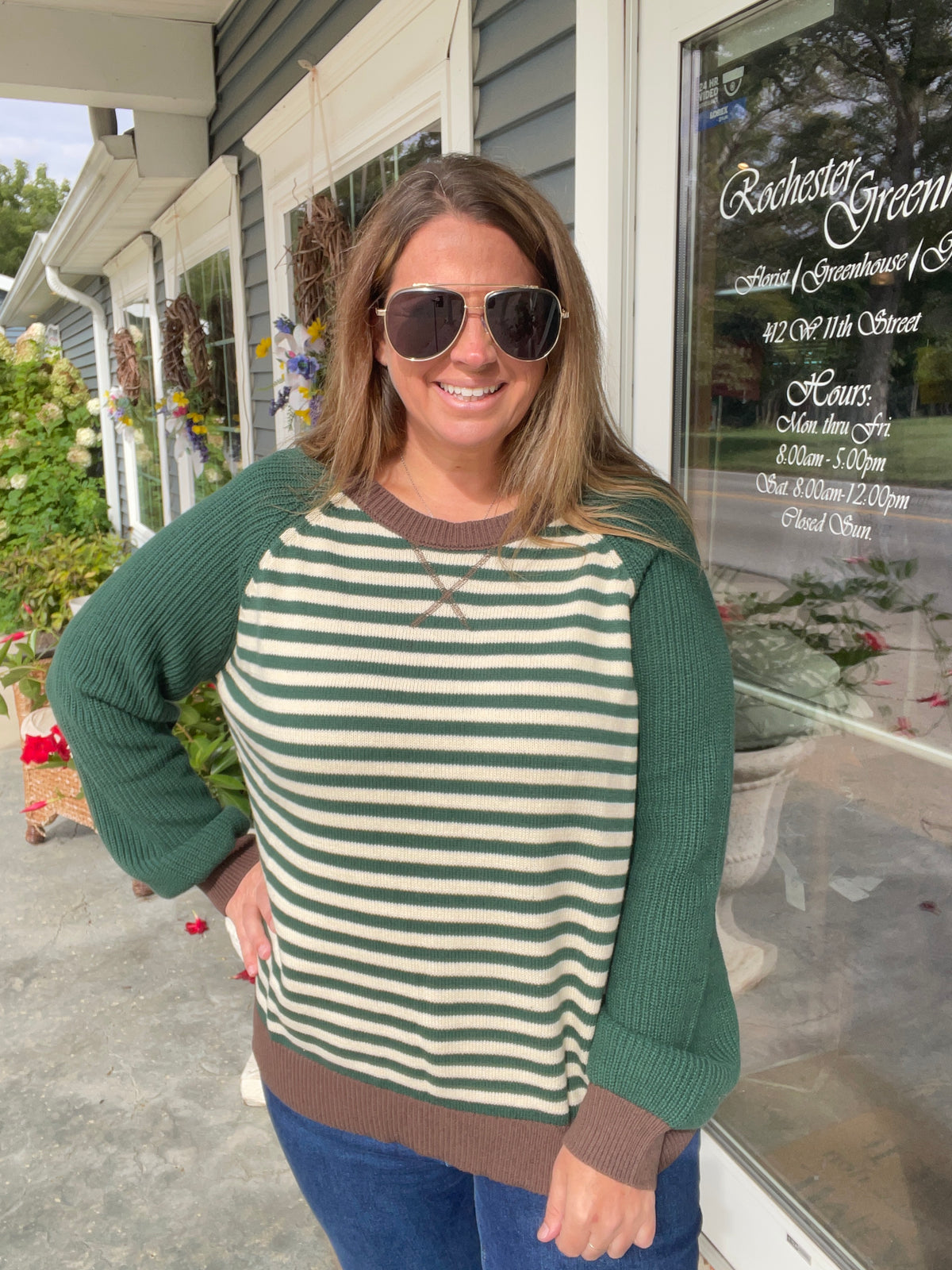 HUNTER GREEN Striped Colorblock Raglan Long Sleeve Crew Sweater