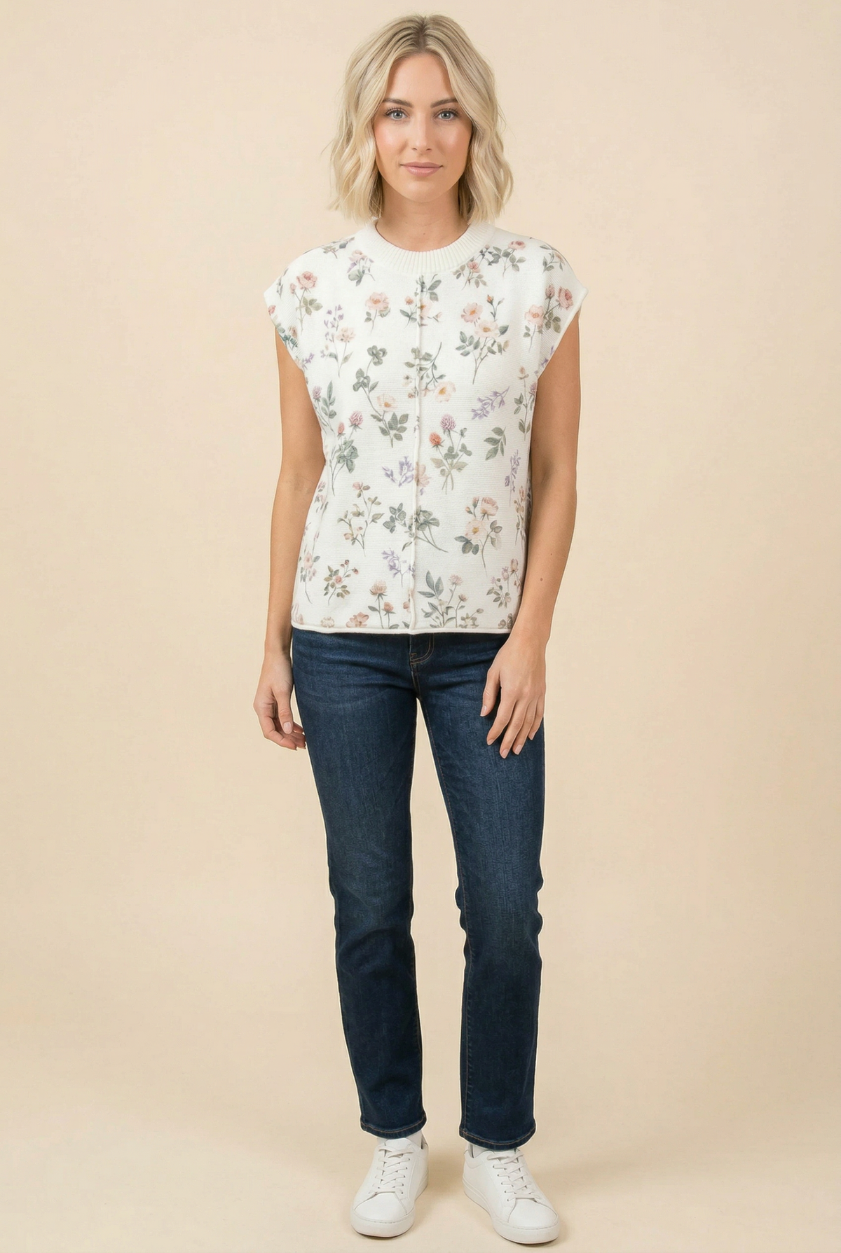 BOMBOM - TA2497 Floral Textured Sleeveless Knit Top: M
