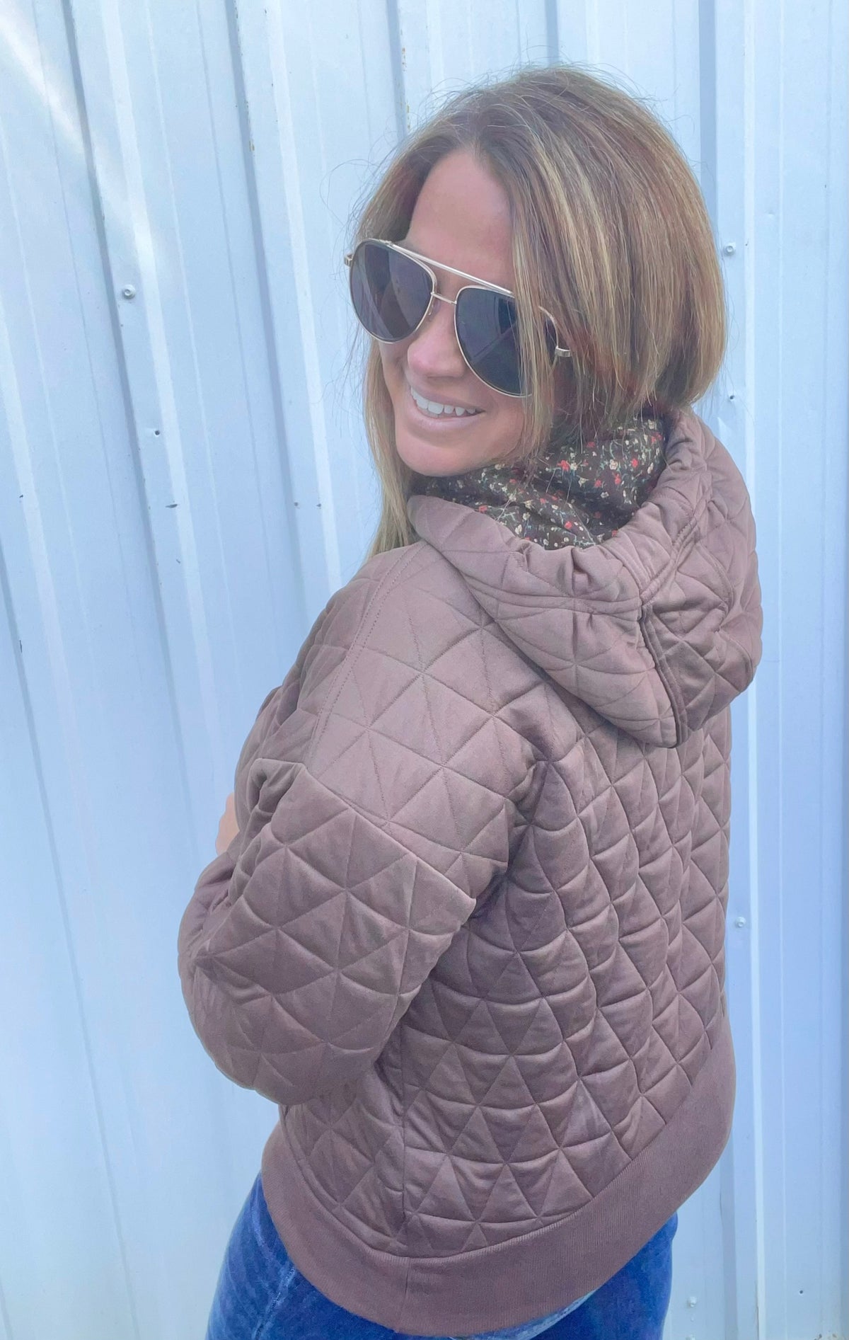 BROWN Quilted Hoodie Pullover Top With Contrast Floral Print