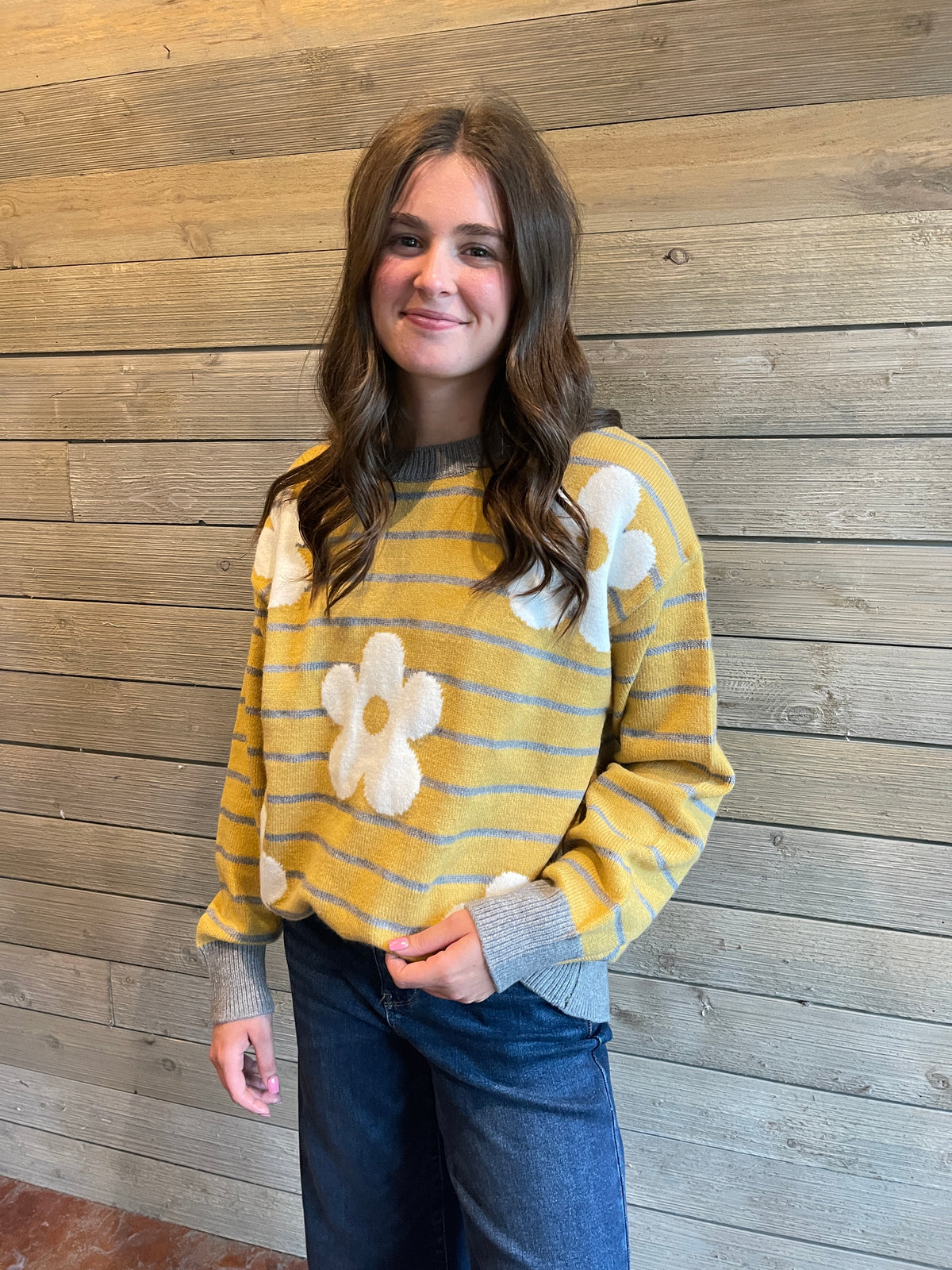 MUSTARD/GREY STRIPED FLORAL KNIT SWEATER