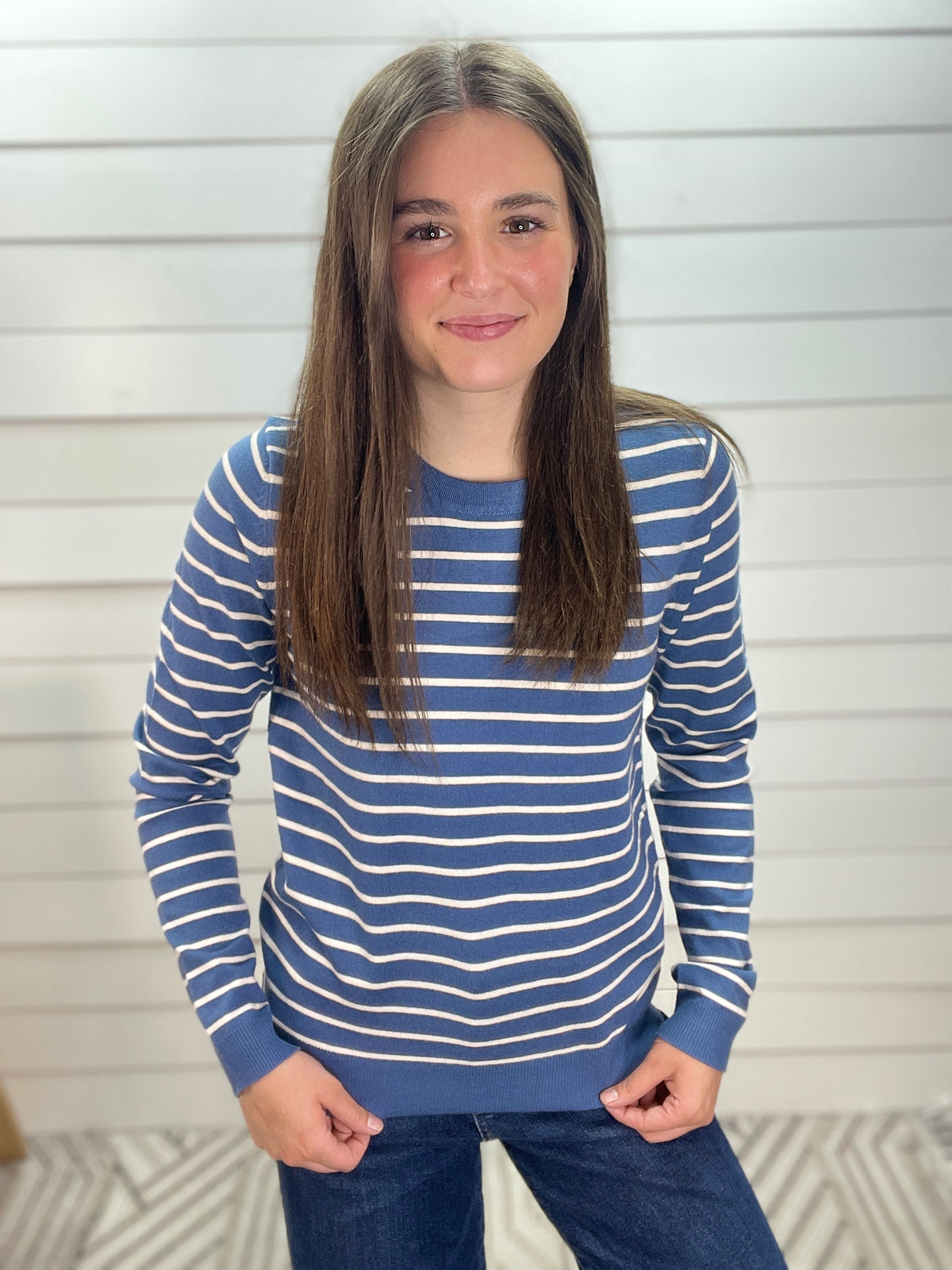 DENIM STRIPED Crew Neck Long Sleeve Basic Striped Pullover Sweater