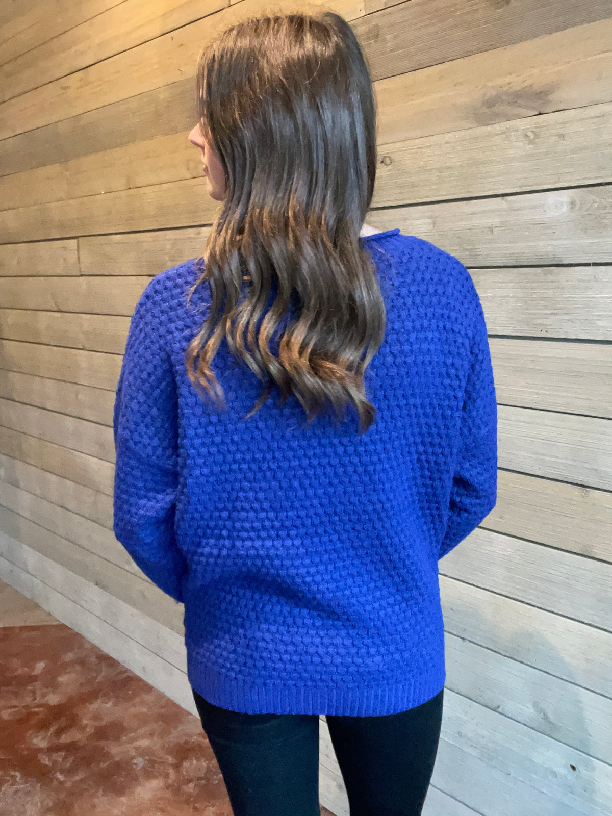 BLUE Crew Neck Long Sleeve Honeycomb Waffle Textured Pullover Sweater
