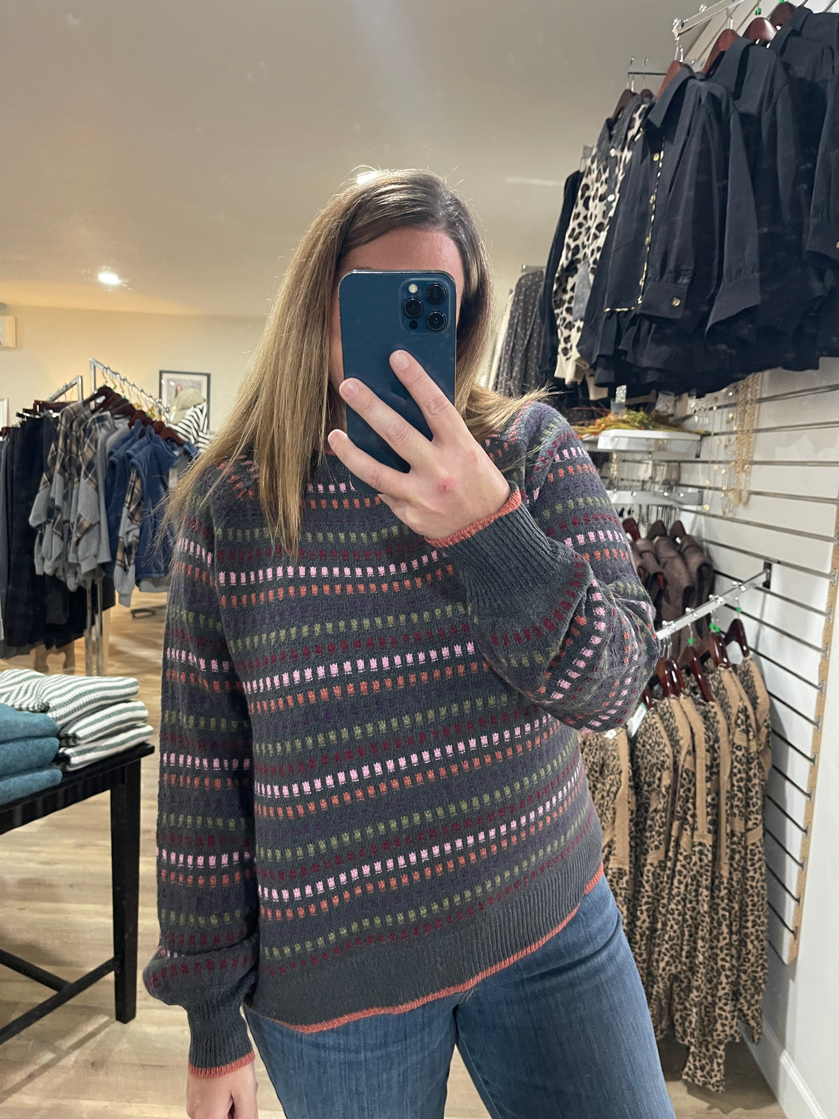 GUN METAL Multi Color Texture Striped Crew Neck Long Balloon Sweater