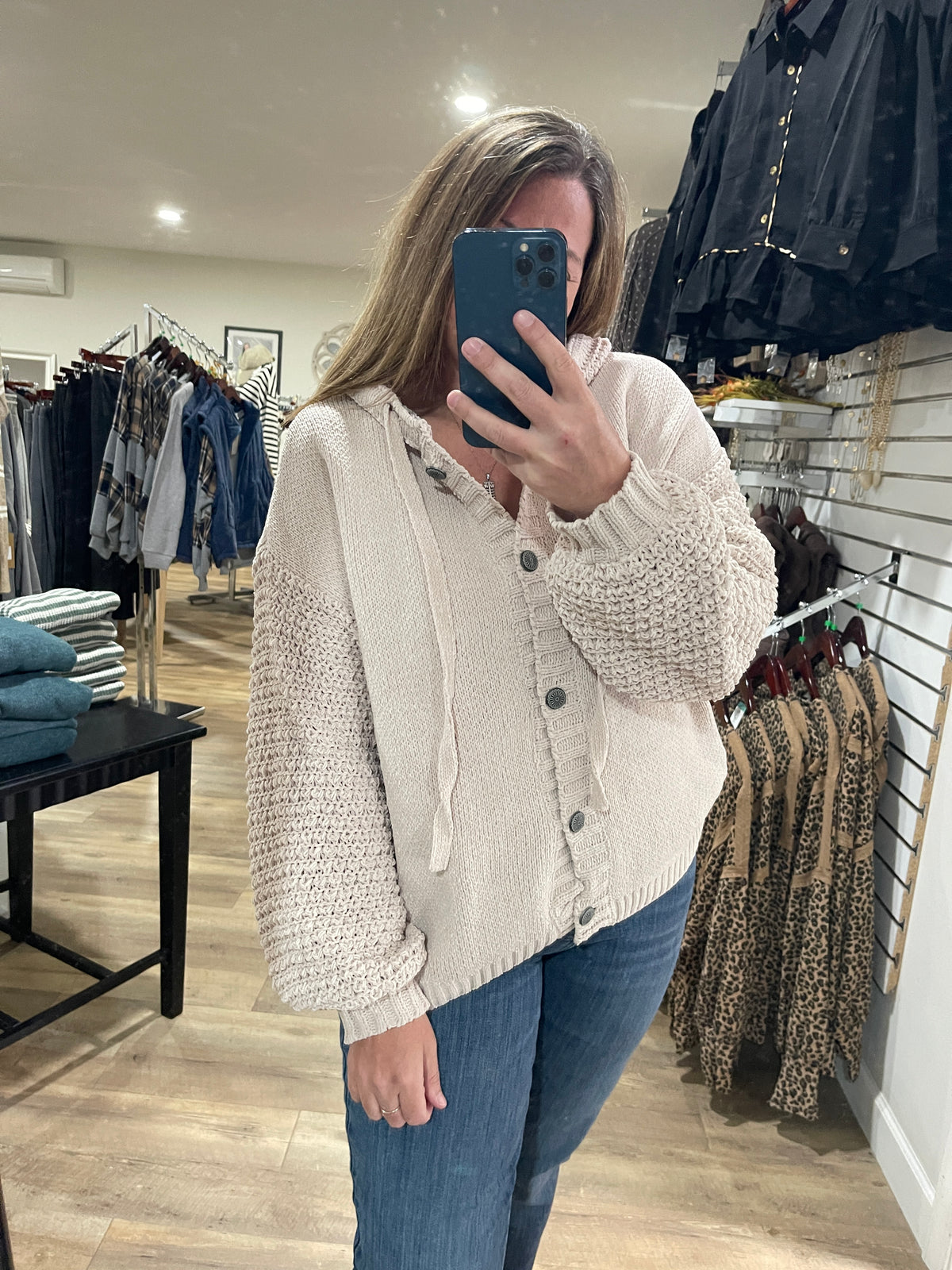 BEIGE BUTTON DOWN HOODED OVERSIZED SWEATER WITH KNITED SLEEVES