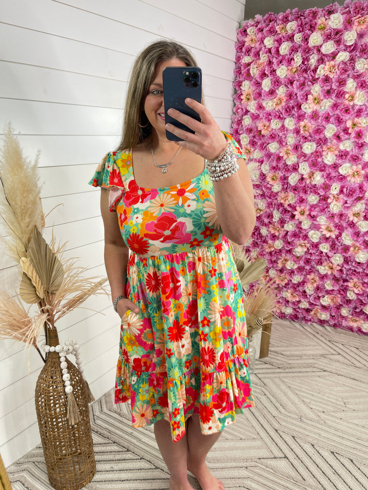 BRIGHT FLORAL SQUARE NECK BUTTER DRESS